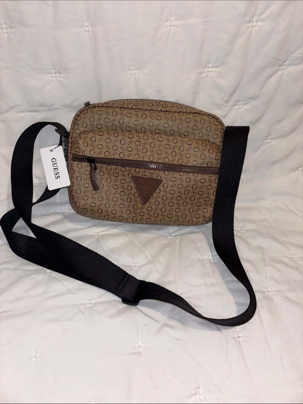 GUESS Tan Monogram Crossbody Belt Bag with Black Strap